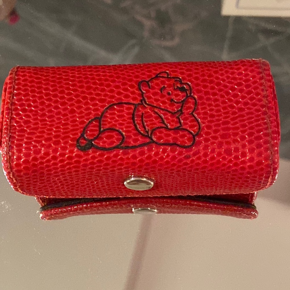 * RARE * Winnie the Pooh red leather mirror lipstick case The Disney Store